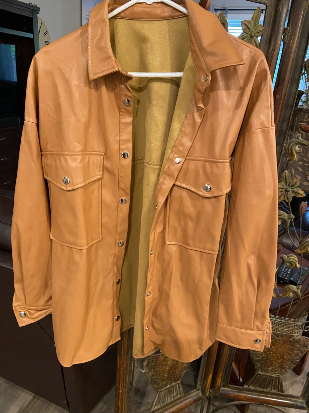 Faux Leather Shacket in Camel